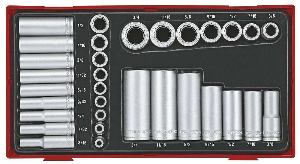 32-elementowy zestaw nasadek calowych 12-kątnych z chwytem kwadratowym 1/4 i 3/8 Teng Tools TTAF3212