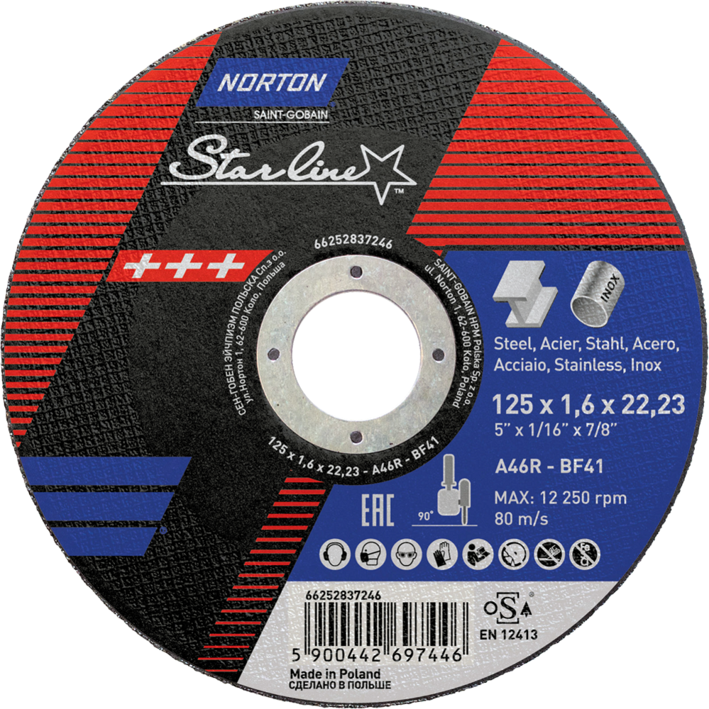 Tarcza do cięcia metalu 125x1,6x22,23 Starline płaska Norton 66252837246 1