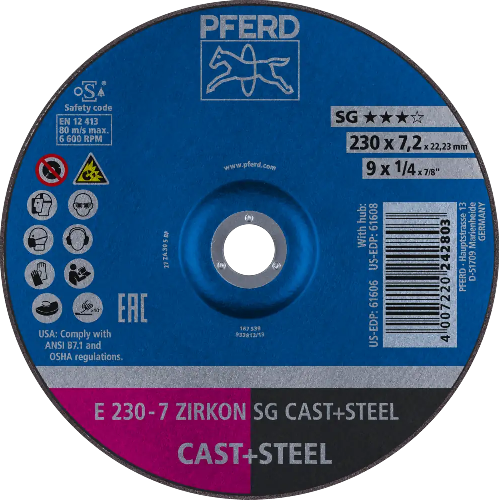 Tarcza do szlifowania żeliwa 230x7,2x22,23 ZIRKON SG CAST+STEEL wypukła Pferd 62223628 1