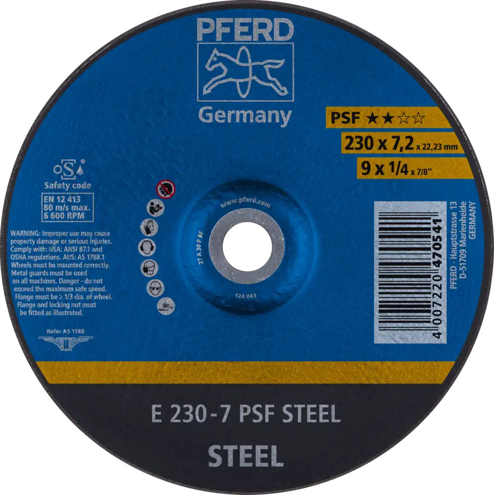 Tarcza do szlifowania metalu 230x7,2x22,23 PSF STEEL wypukła Pferd 62023634 1