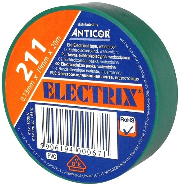 Taśma izolacyjna PCW 20 m x 19 mm zielona wodoodporna samogasnąca Anticor ELECTRIX 211 1