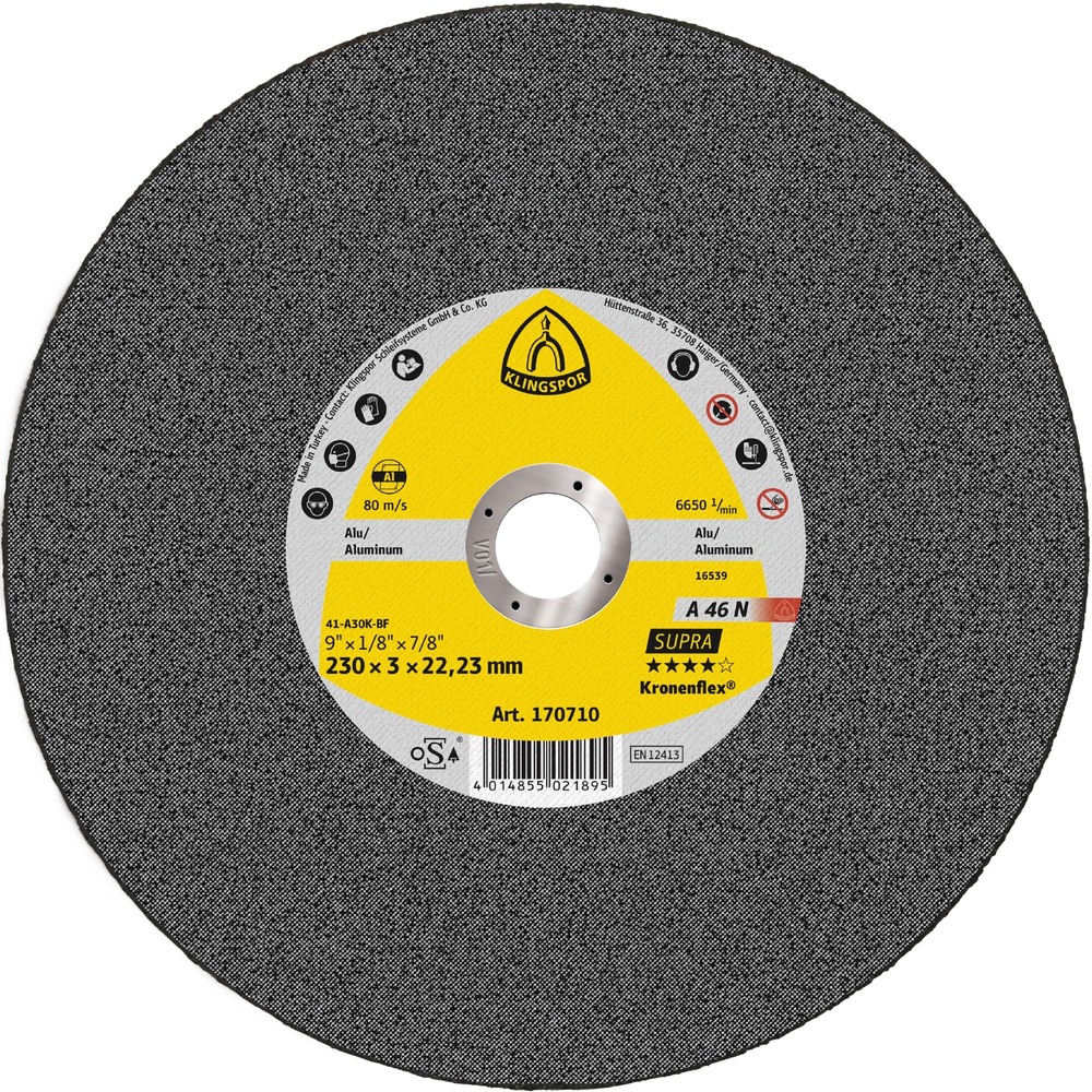 Tarcza do cięcia aluminium 230x3x22,23 A 46 N Supra wypukła Klingspor 170710 1