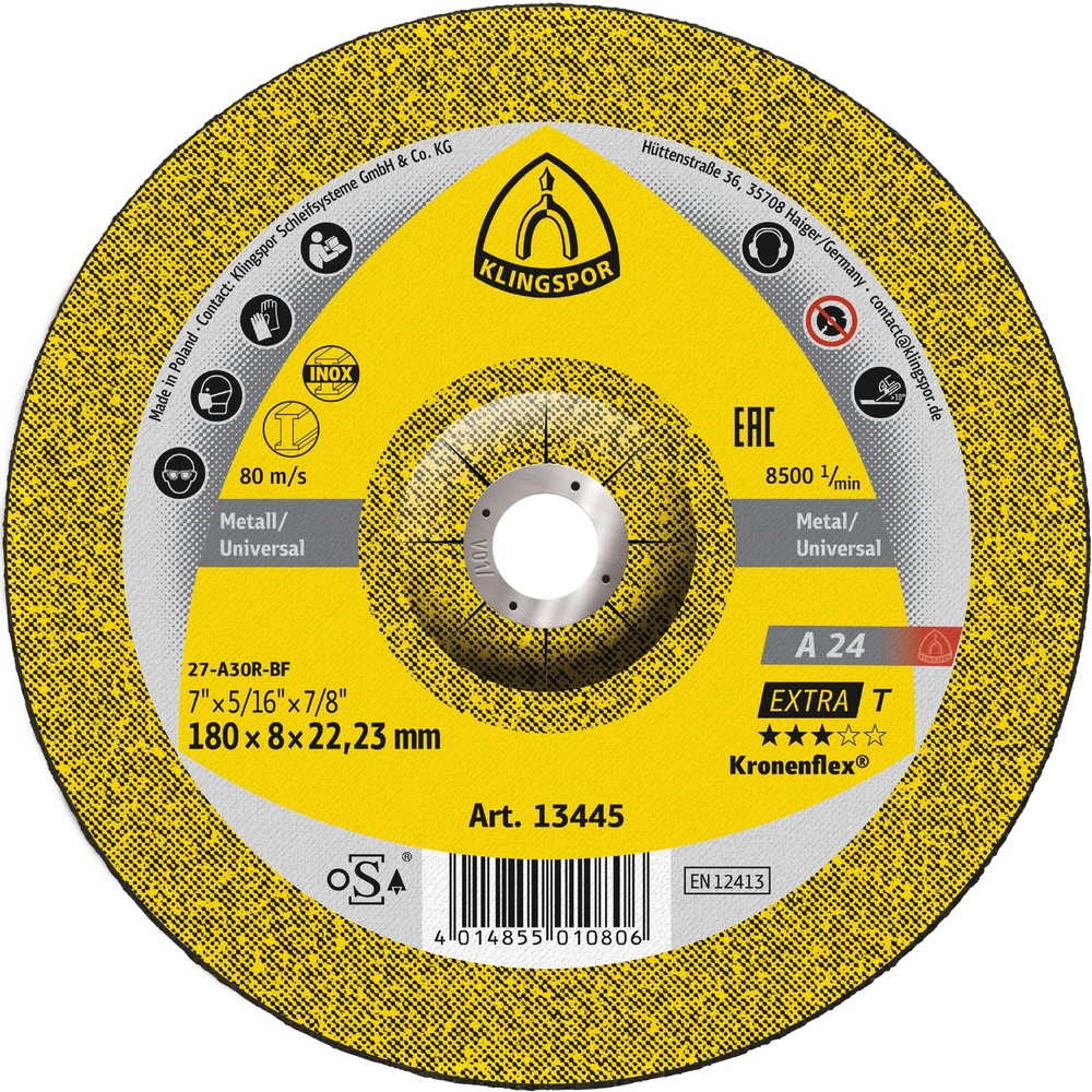 Tarcza do szlifowania metalu 180x8x22,23 A 24 Extra T wypukła Klingspor 13445 1