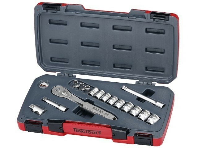 16-elementowy zestaw narzędzi nasadowych nierdzewnych z chwytem kwadratowym 3/8''. Teng Tools TS3816 1