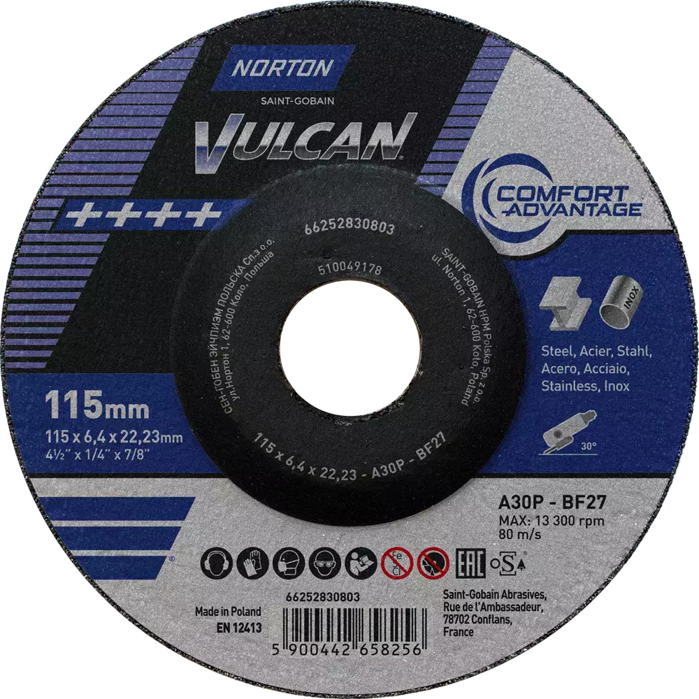 Tarcza do szlifowania metalu 115x6,4x22,23 Vulcan wypukła Norton 66252830803 1