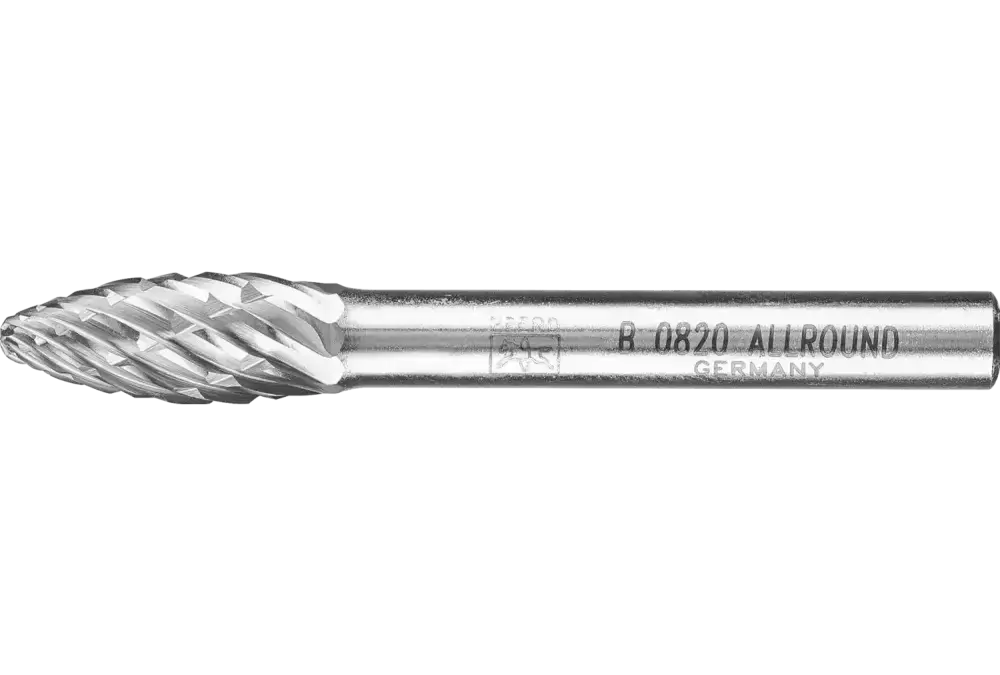 Wysokowydajny trzpień frezarski ze stopów twardych ALLROUND kształt płomienia B Ø 08 × 20 mm trzpień Ø 6 mm uniwersalne grube 1