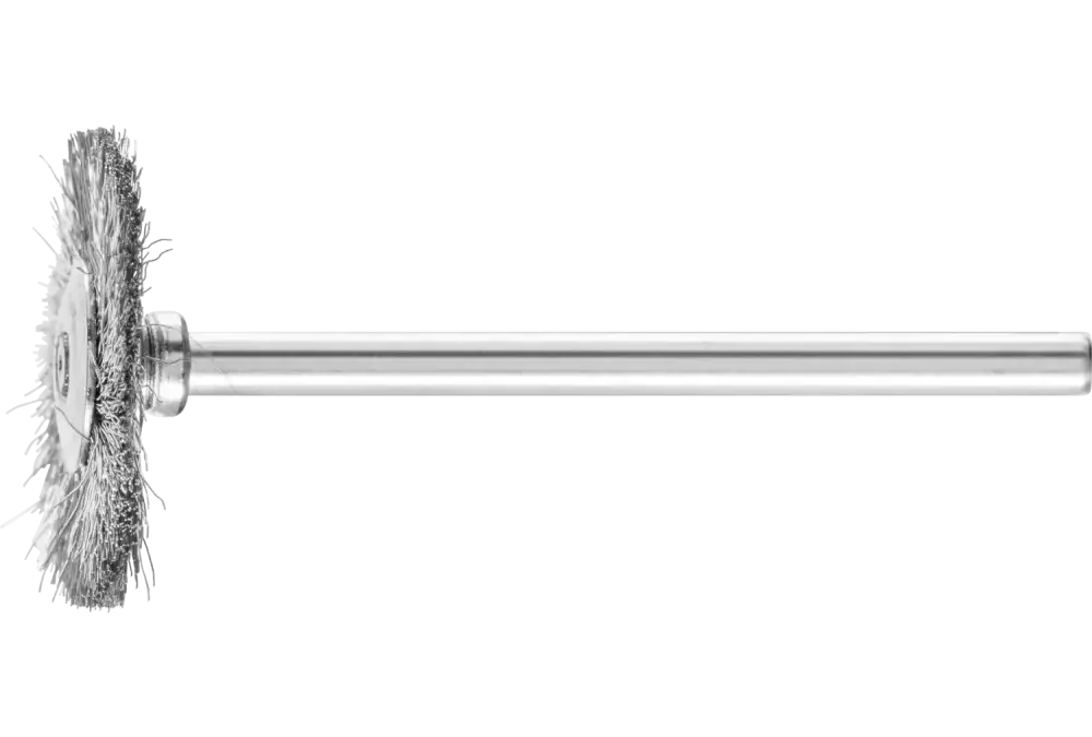 Miniaturowa szczotka tarczowa RBU Ø22 × 2 mm trzpień Ø3 mm drut stalowy Ø0,10 1