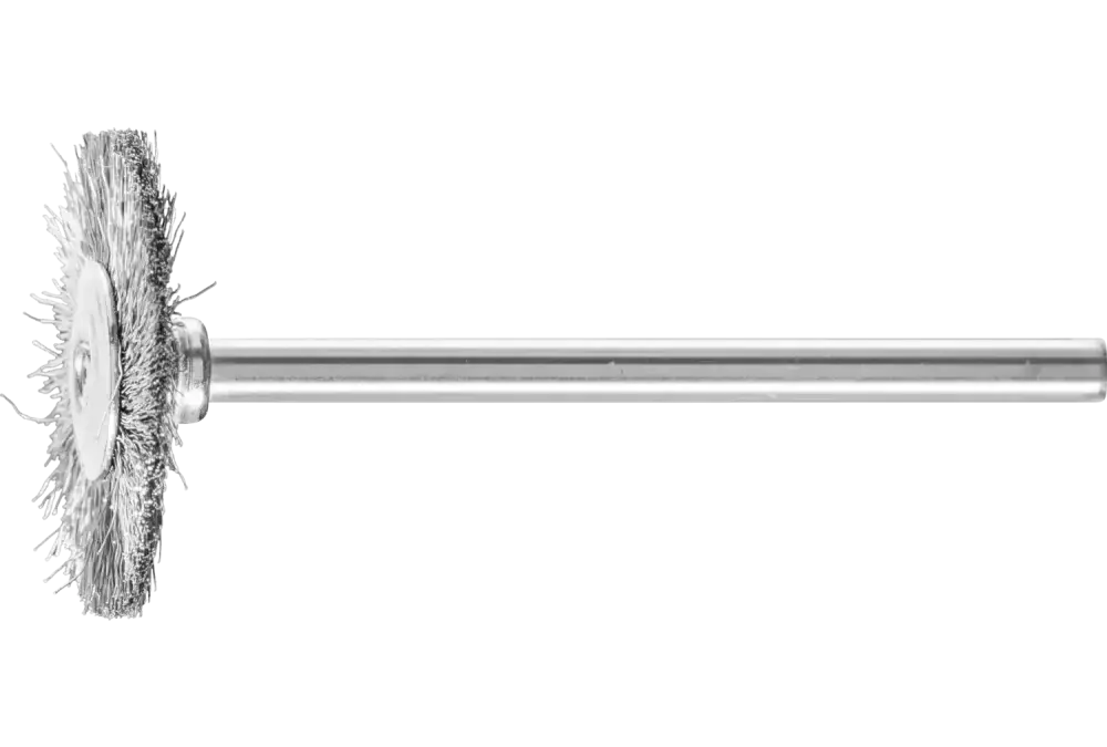 Miniaturowa szczotka tarczowa RBU Ø22 × 2 mm trzpień Ø3 mm drut ze stali nierdzewnej Ø0,10 1