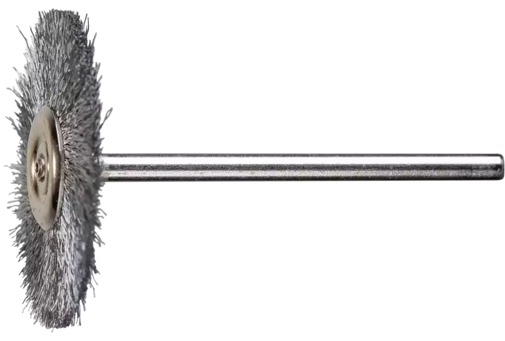 Miniaturowa szczotka tarczowa RBU Ø32 × 2 mm trzpień Ø3 mm drut stalowy Ø0,10 1