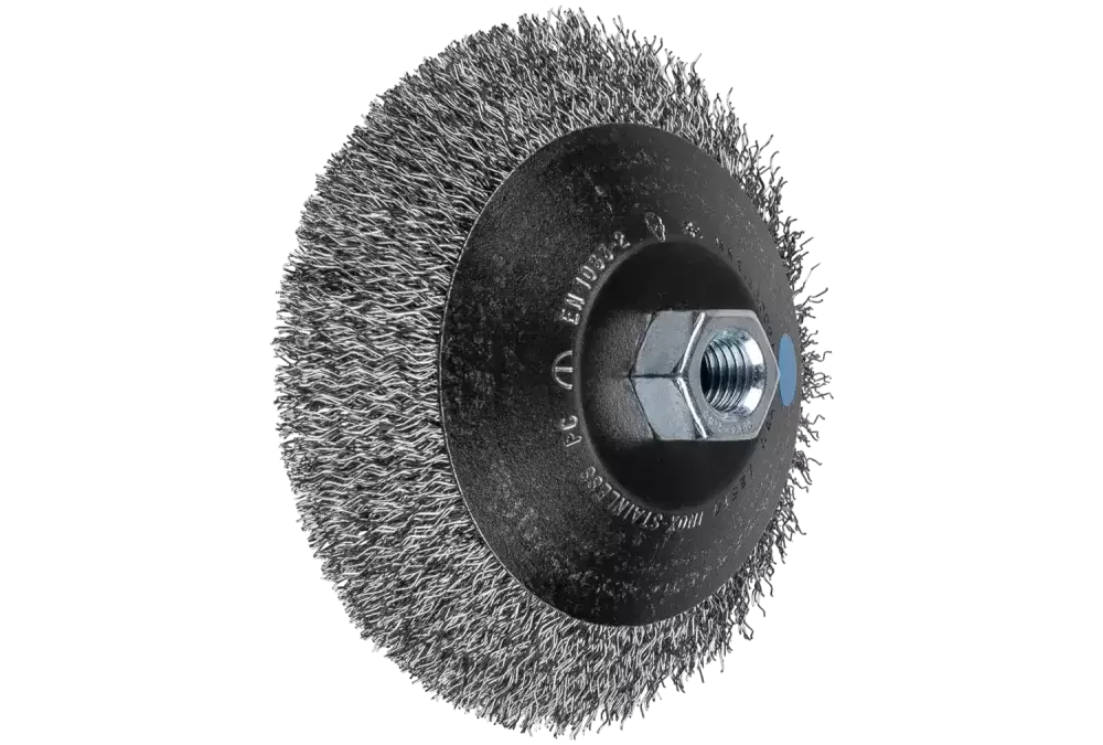 Szczotka stożkowa niepleciona KBU Ø 125 × 10 mm M14 drut ze stali nierdzewnej Ø 0,35 mm do szlifierki kątowej 1