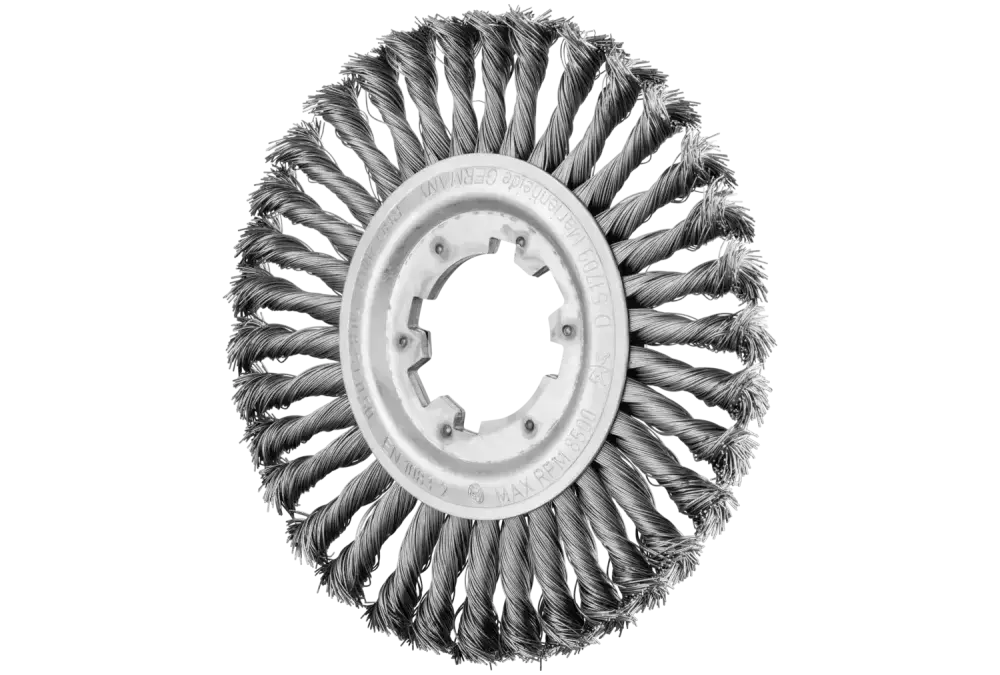 Szczotka tarczowa pleciona RBG Ø 200 × 16 × 50, otwór 8 mm, drut stalowy Ø 0,50 mm, stacjonarna 1