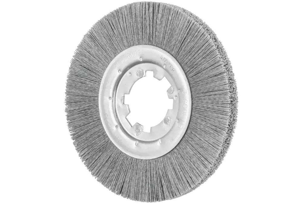 Szczotka tarczowa niepleciona RBU Ø200 × 13 × 50,8 mm otwór, włókno SiC Ø0,55 mm, ziarno 120, stacjonarna 1