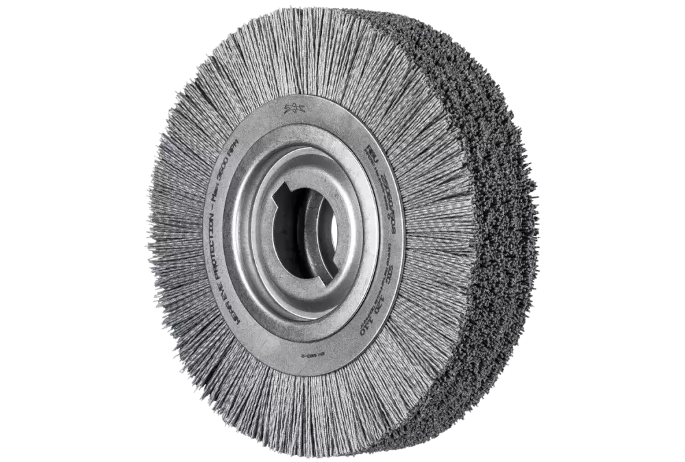 Szczotka do usuwania gratów, niepleciona RBU Ø250 × 60 × 50,8 mm, otwór, włókno SiC Ø1,10 mm, ziarno 120, stacjonarna 1