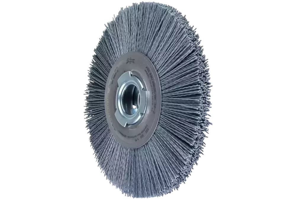 Szczotka tarczowa szeroka niepleciona RBU Ø 200 × 25x różne otwory włókno SiC Ø 1,10 mm ziarno 120 szlifierka stacjonarna 1