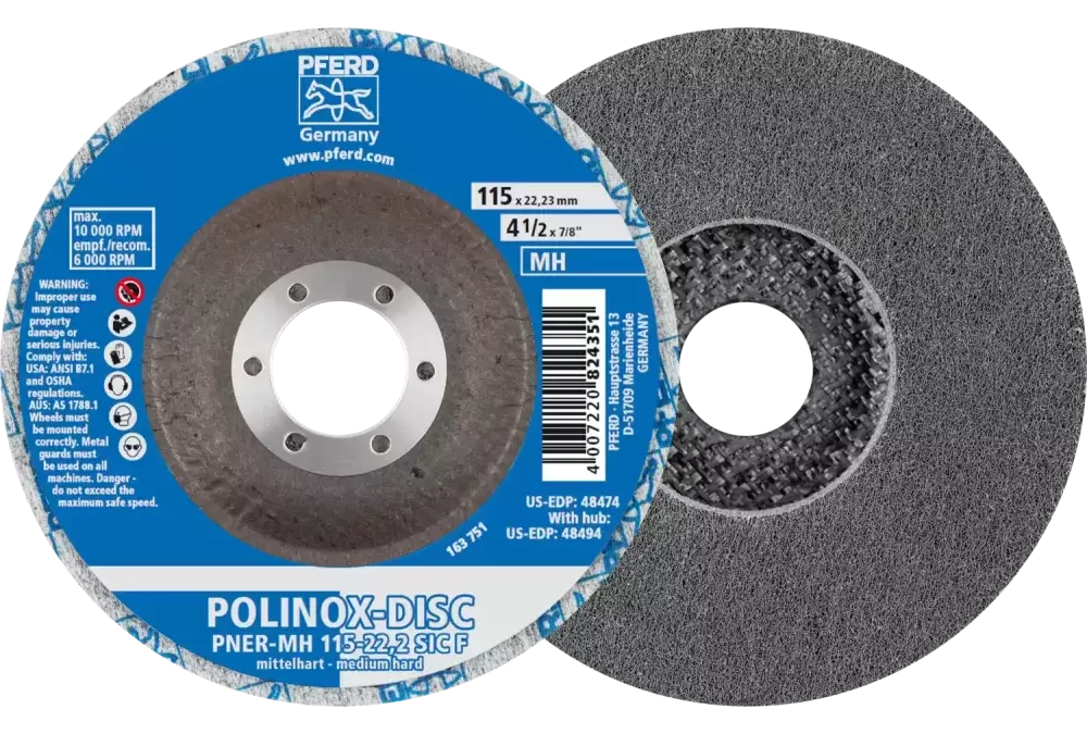 Dysk z włókniny prasowej POLINOX PNER Ø 115 mm do otworu Ø 22,23 mm średnio twardy SIC drobnoziarnisty do wykańczania 1