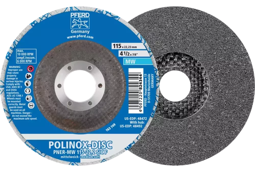 Dysk z włókniny prasowanej POLINOX PNER Ø 115 mm do otworu Ø 22,23 mm średnio miękki SIC drobnoziarnisty do wykańczania 1