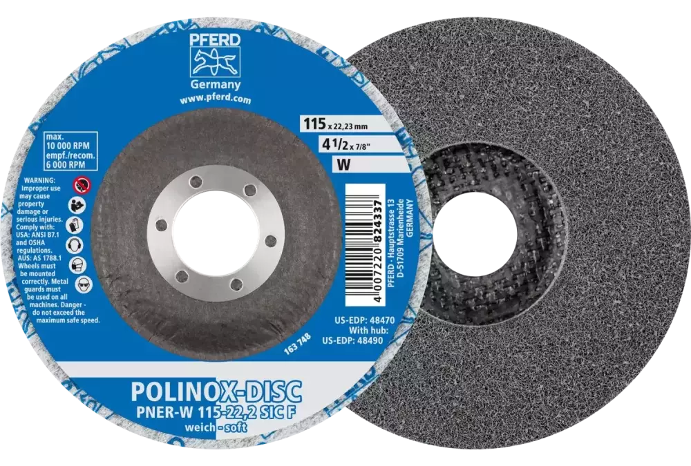 Dysk z włókniny prasowanej POLINOX PNER Ø 115 mm do otworu Ø 22,23 mm miękki SIC drobnoziarnisty do wykańczania 1