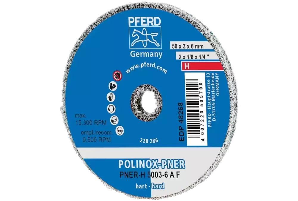 Dysk z włókniny prasowanej POLINOX PNER Ø 50 × 3 mm do otworu Ø 6 mm twardy A drobnoziarnisty do wykańczania 1