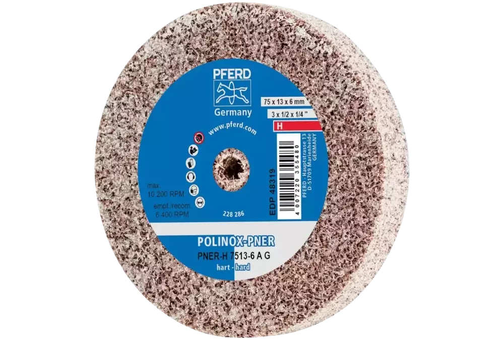 Dysk z włókniny prasowanej POLINOX PNER Ø 75 × 13 mm do otworu Ø 6 mm twardy A gruboziarnisty do wykańczania 1