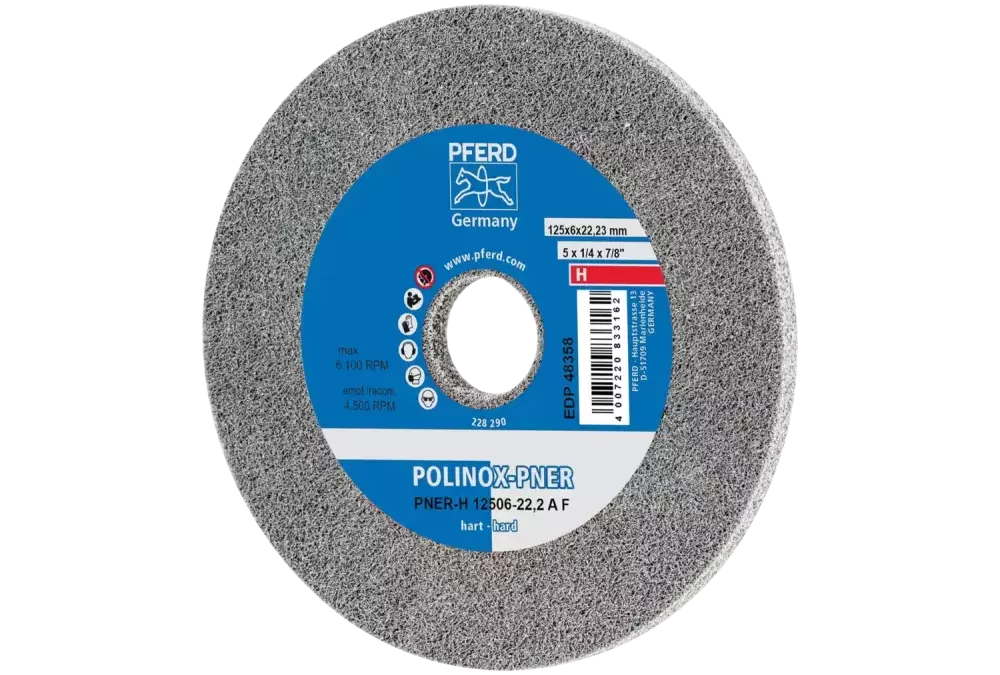 Dysk z włókniny prasowanej POLINOX PNER Ø 125 × 6 mm do otworu Ø 22,23 mm twardy A drobnoziarnisty do wykańczania 1