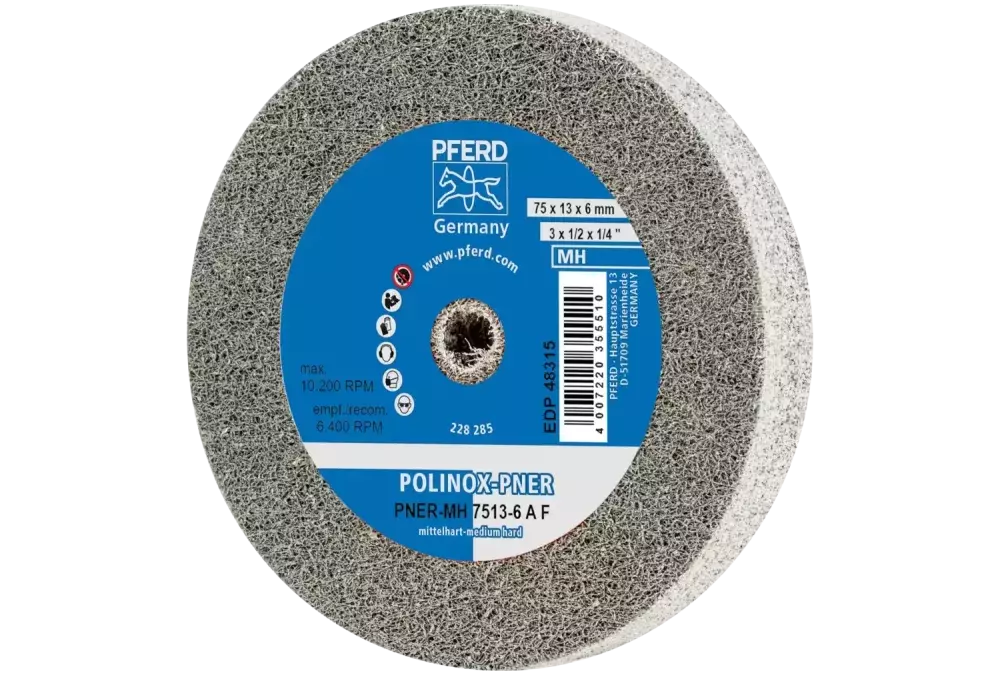 Dysk z włókniny prasowanej POLINOX PNER Ø 75 × 13 mm do otworu Ø 6 mm średnio twardy A drobnoziarnisty do wykańczania 1