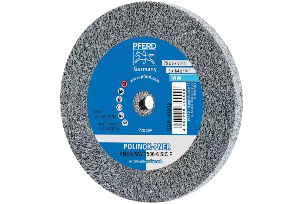 Dysk z włókniny prasowanej POLINOX PNER Ø 75X6 mm do otworu Ø 6 mm średnio miękki SIC drobnoziarnisty do wykańczania 1