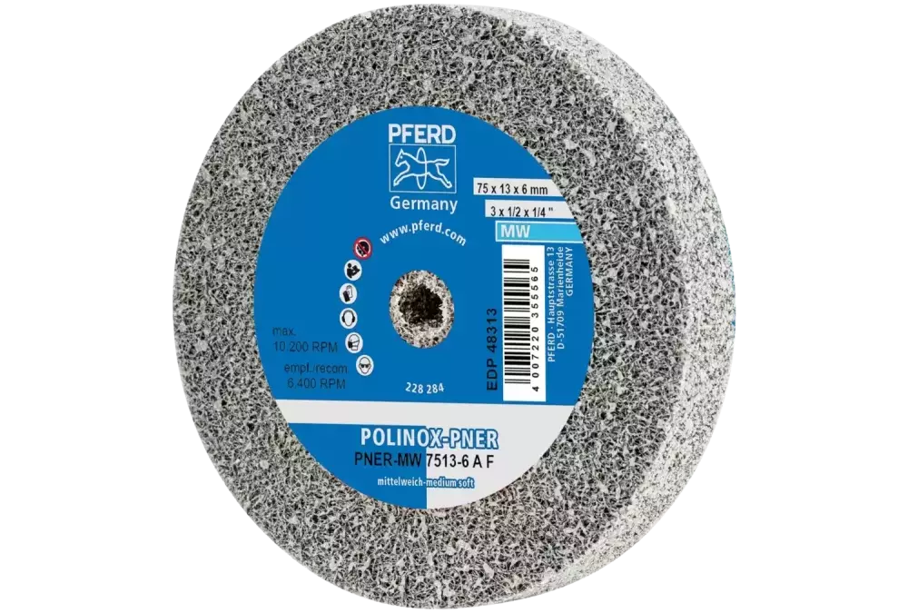 Dysk z włókniny prasowanej POLINOX PNER Ø 75 × 13 mm do otworu Ø 6 mm średnio miękki A drobnoziarnisty do wykańczania 1