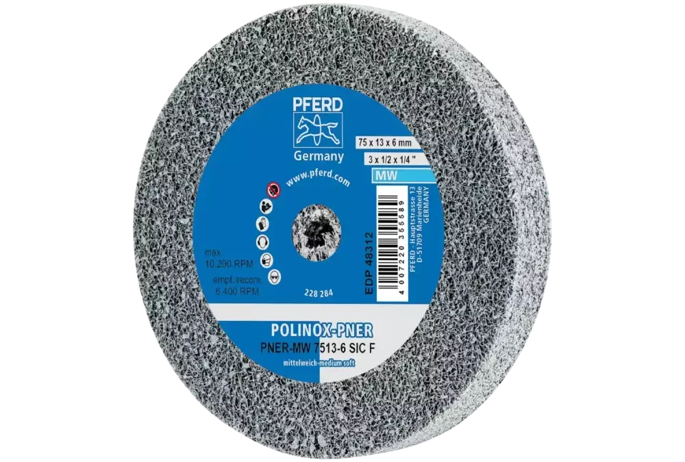 Dysk z włókniny prasowanej POLINOX PNER Ø 75 × 13 mm do otworu Ø 6 mm średnio miękki SIC drobnoziarnisty do wykańczania 1