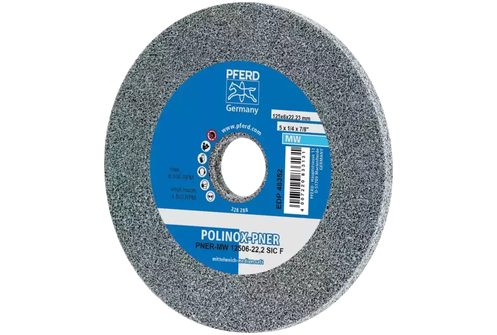 Dysk z włókniny prasowanej POLINOX PNER Ø 125 × 6 mm do otworu Ø 22,2 mm średnio miękki SIC drobnoziarnisty do wykańczania 1