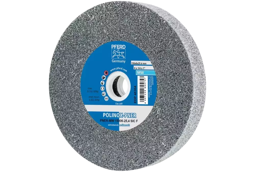 Dysk z włókniny prasowanej POLINOX PNER Ø 150 × 25 mm do otworu Ø 25,4 mm średnio miękki SIC drobnoziarnisty 1