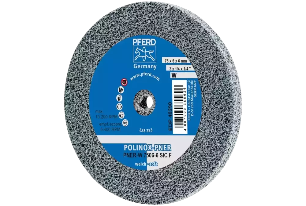 Dysk z włókniny prasowanej POLINOX PNER Ø 75X6 mm do otworu Ø 6 mm miękki SIC drobnoziarnisty do wykańczania 1