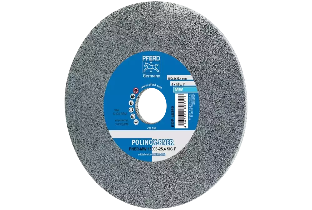 Dysk z włókniny prasowanej POLINOX PNER Ø 150 × 3 mm do otworu Ø 25,4 mm średnio miękki SIC drobnoziarnisty do wykańczania 1