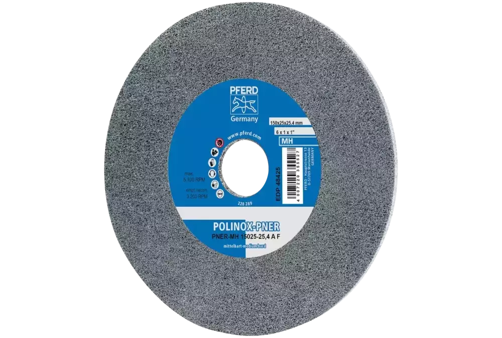 Dysk z włókniny prasowanej POLINOX PNER Ø 150 × 3 mm do otworu Ø 25,4 mm średnio twardy SIC drobnoziarnisty do wykańczania 1
