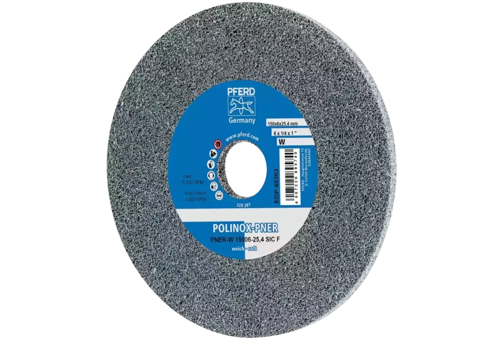 Dysk z włókniny prasowanej POLINOX PNER Ø 150 × 6 mm do otworu Ø 25,4 mm miękki SIC drobnoziarnisty do wykańczania 1