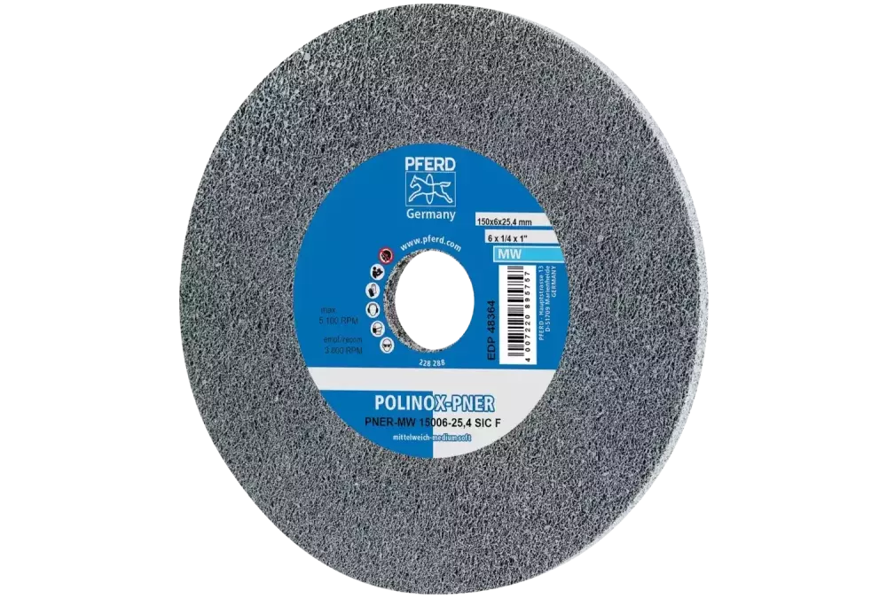Dysk z włókniny prasowanej POLINOX PNER Ø 150 × 6 mm do otworu Ø 25,4 mm średnio miękki SIC drobnoziarnisty do wykańczania 1