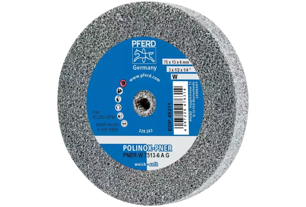 Dysk z włókniny prasowanej POLINOX PNER Ø 75 × 13 mm do otworu Ø 6 mm miękki A gruboziarnisty do wykańczania 1