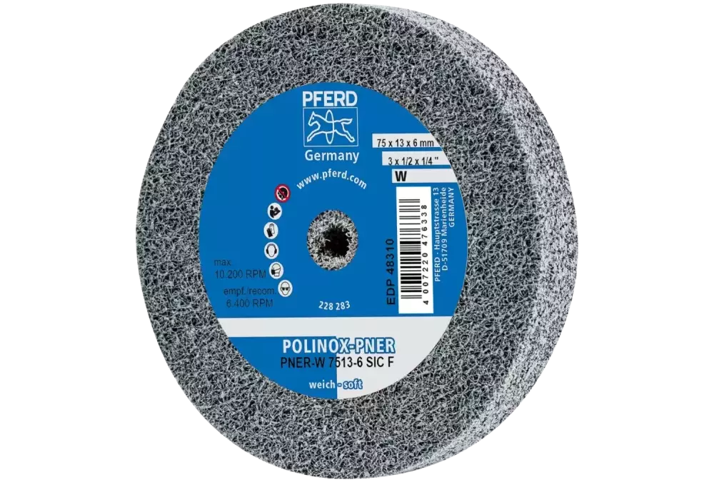 Dysk z włókniny prasowanej POLINOX PNER Ø 75 × 13 mm do otworu Ø 6 mm miękki SIC drobnoziarnisty do wykańczania 1