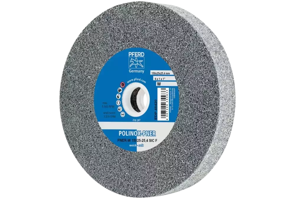 Dysk z włókniny prasowanej POLINOX PNER Ø 150 × 25 mm do otworu Ø 25,4 mm miękki SIC drobnoziarnisty do wykańczania 1