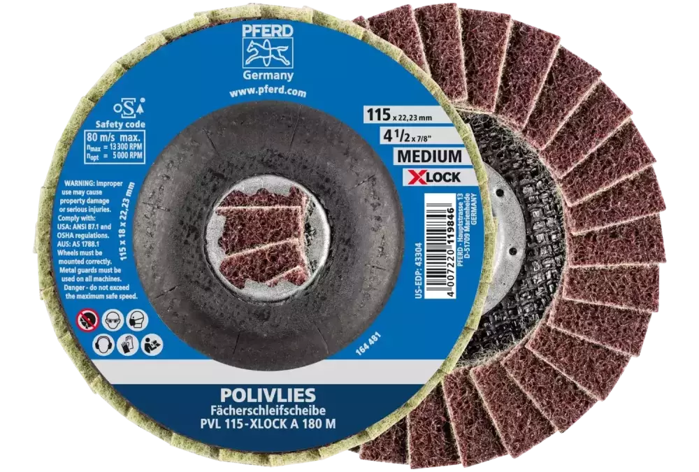 Ściernica włókninowa POLIVLIES PVL Korund Ø115 mm otwór 22,23 mm / X-LOCK A180M do szlifu dokładnego 1