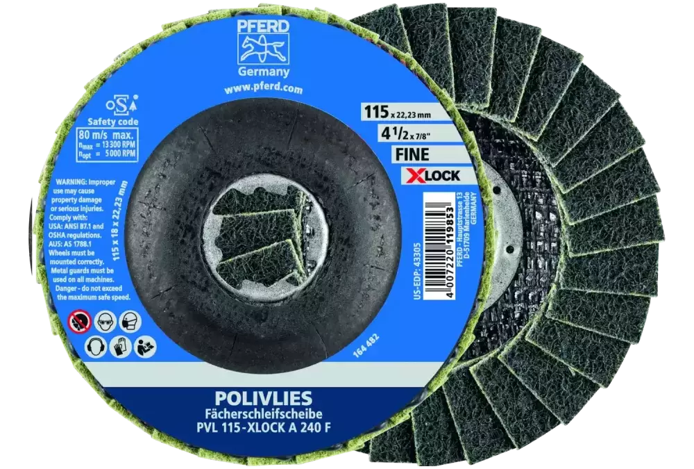 Ściernica włókninowa POLIVLIES PVL Korund Ø115 mm otwór 22,23 mm / X-LOCK A240F do szlifu dokładnego 1