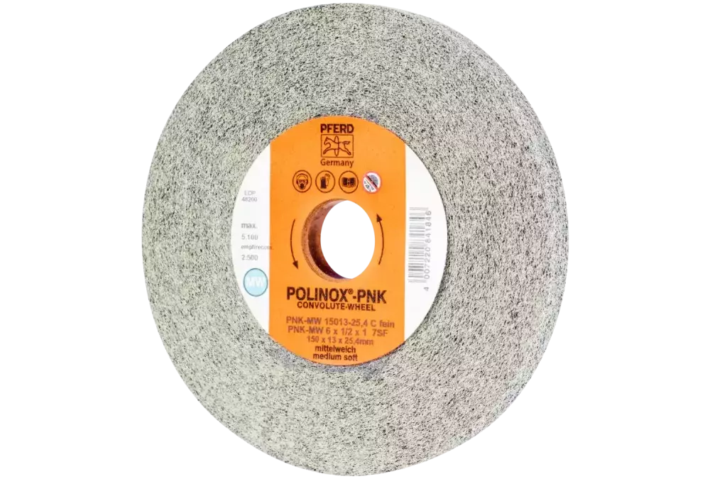 Krążek z nawiniętą włókniną POLINOX PNK Ø 150 × 13 mm do otworu Ø 25,4 mm średnio miękki SIC drobnoziarnisty do wykańczania 1