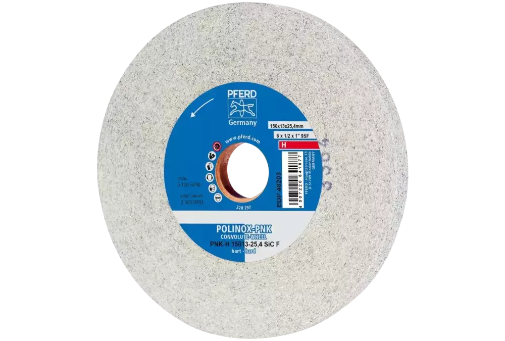 Krążek z nawiniętą włókniną POLINOX PNK Ø 150 × 13 mm do otworu Ø 25,4 mm twardy SIC drobnoziarnisty do wykańczania 1