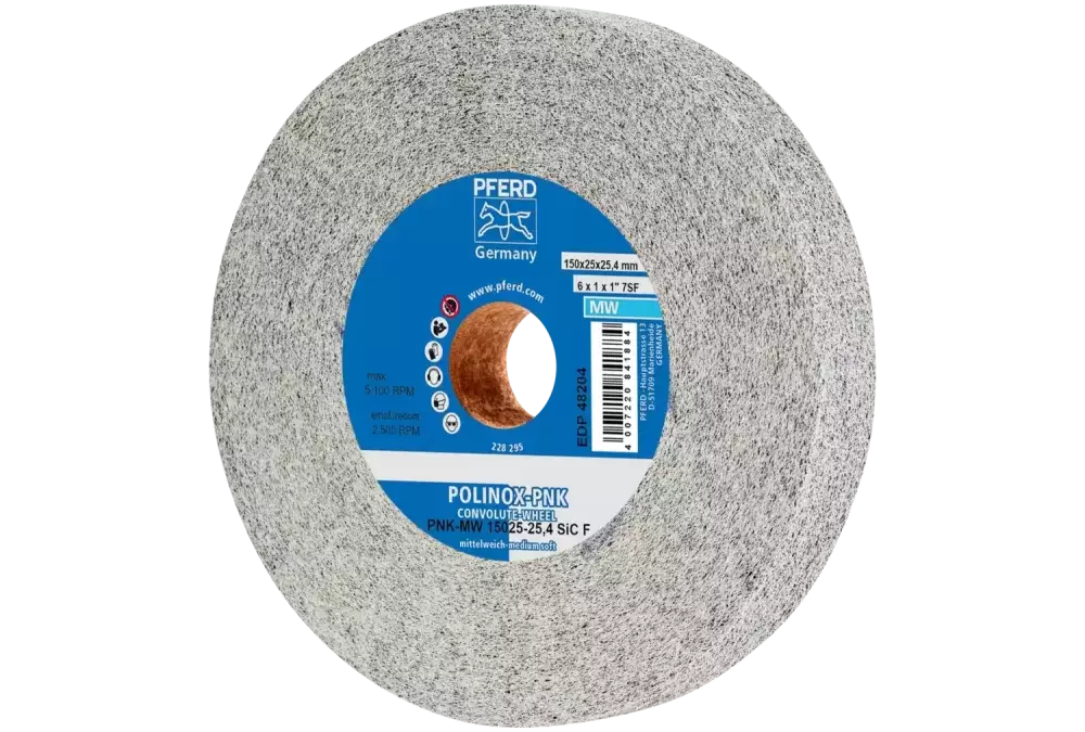 Krążek z nawiniętą włókniną POLINOX PNK Ø 150 × 25 mm do otworu Ø 25,4 mm średnio miękki SIC drobnoziarnisty do wykańczania 1
