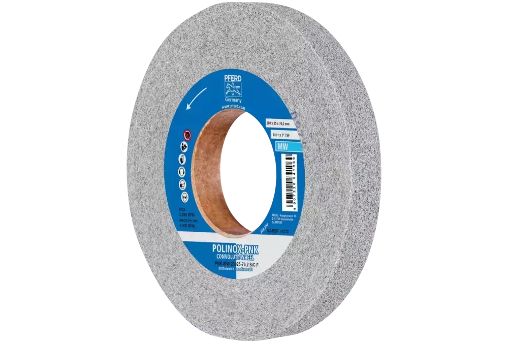Krążek z nawiniętą włókniną POLINOX PNK Ø 200 × 25 mm do otworu Ø 76,2 mm średnio miękki SIC drobnoziarnisty do wykańczania 1