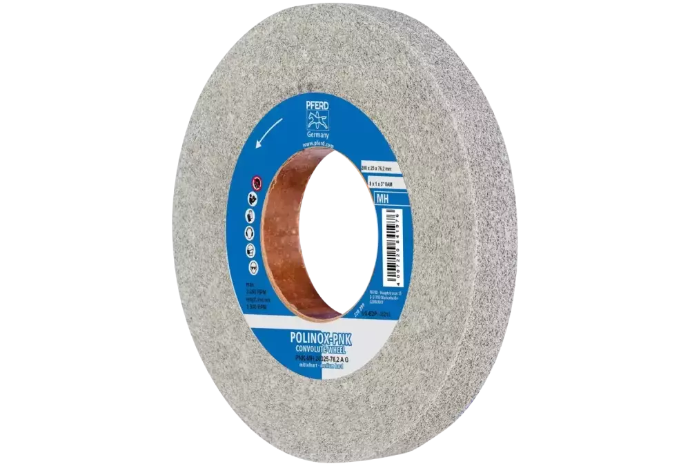 Krążek z nawiniętą włókniną POLINOX PNK Ø 200 × 25 mm do otworu Ø 76,2 mm średnio twardy A gruboziarnisty do wykańczania 1