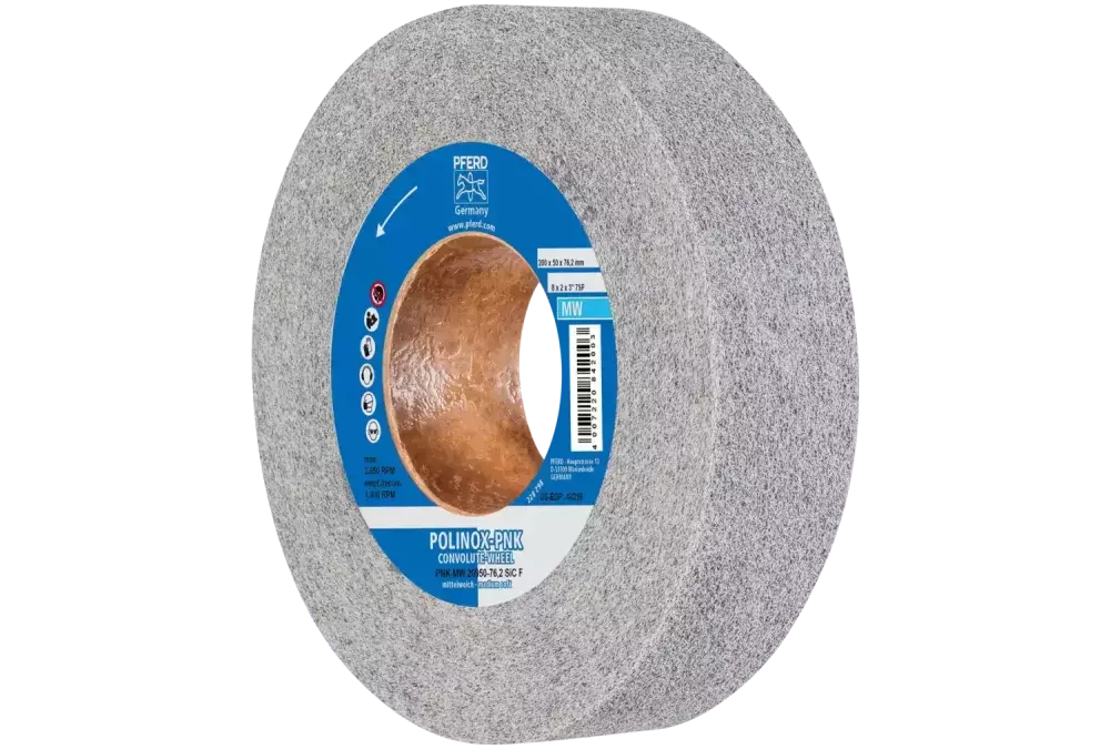 Krążek z nawiniętą włókniną POLINOX PNK Ø 200 × 50 mm do otworu Ø 76,2 mm średnio miękki SIC drobnoziarnisty do wykańczania 1