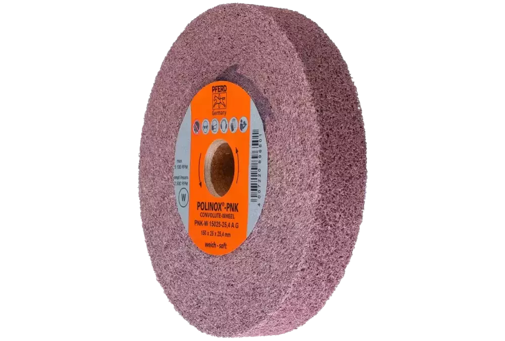 Krążek z nawiniętą włókniną POLINOX PNK Ø 150 × 25 mm do otworu Ø 25,4 mm miękki A gruboziarnisty do wykańczania 1