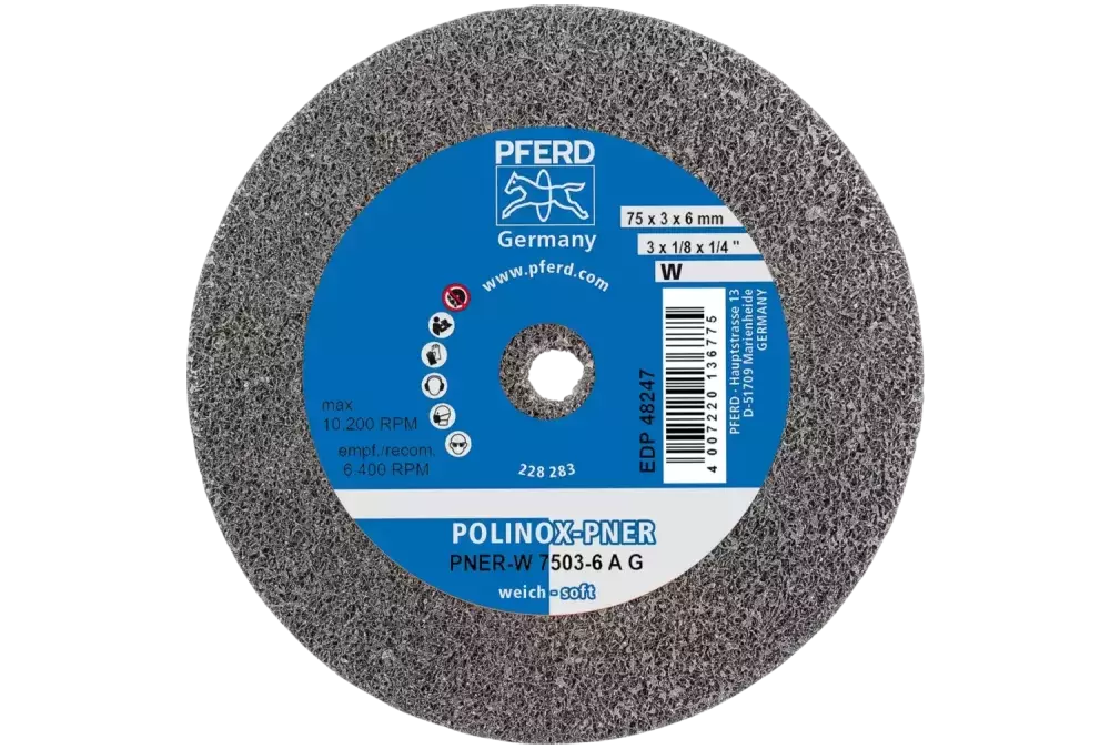 Dysk z włókniny prasowanej POLINOX PNER Ø 75 × 3 mm do otworu Ø 6 mm miękki A gruboziarnisty do wykańczania 1