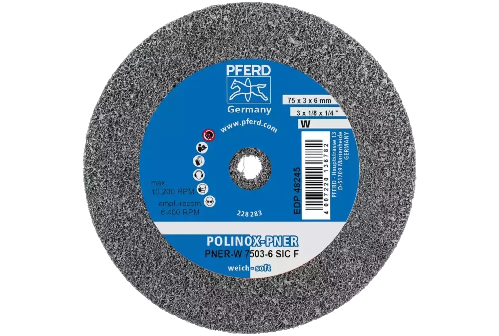 Dysk z włókniny prasowanej POLINOX PNER Ø 75 × 3 mm do otworu Ø 6 mm miękki SIC drobnoziarnisty do wykańczania 1