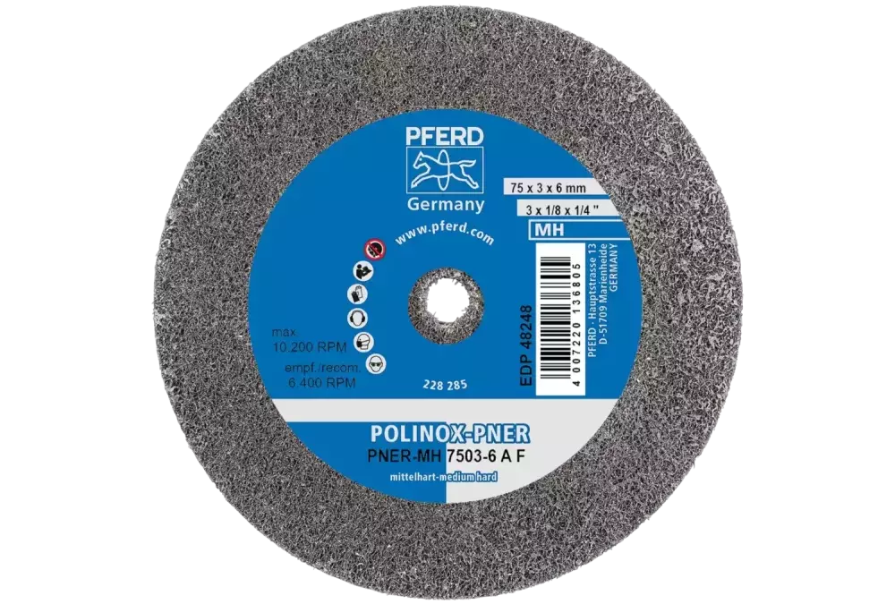Dysk z włókniny prasowanej POLINOX PNER Ø 75 × 3 mm do otworu Ø 6 mm średnio twardy A drobnoziarnisty do wykańczania 1